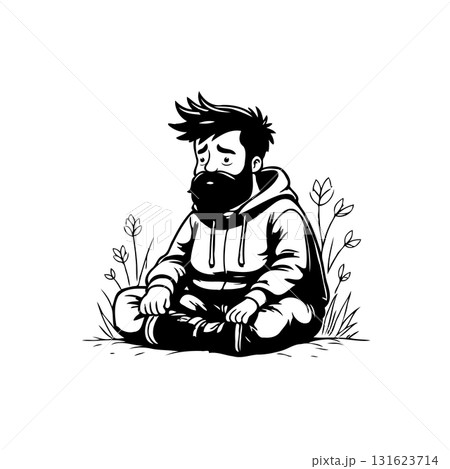 Vector Illustration: Pensive bearded man meditating in nature, promoting mindfulness Vector Illustration: Pensive bearded man meditating in nature, promoting mindfulness 131623714