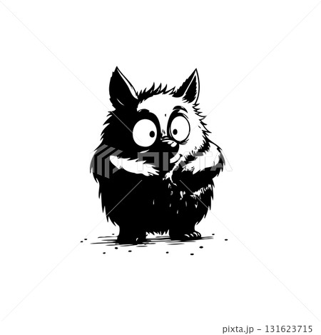 Whimsical black and white cartoon monster illustration with expressive eyes Whimsical black and white cartoon monster illustration with expressive eyes 131623715