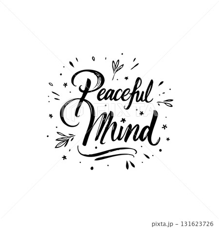 Elegant Hand-Lettered 'Peaceful Mind' Graphic with Botanical Accents for Serenity 131623726