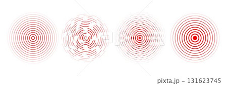 Red radial concentric circle set. Rippled, dashed and dotted rings for epicenter, target, radar, earthquake shockwave symbols. Sound wave signal collection. Vector expansive vibration elements Red radial concentric circle set. Rippled, dashed and dotted rings for epicenter, target, radar, earthquake shockwave symbols. Sound wave signal collection. Vector expansive vibration elements 131623745