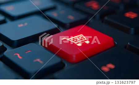 A keyboard featuring a red shopping cart button, representing e-commerce and discounts during holiday sales A keyboard featuring a red shopping cart button, representing e-commerce and discounts during holiday sales 131623797