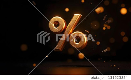 Gold percentage sign set on a black background, emphasizing sales and discounts during the holiday shopping season 131623824