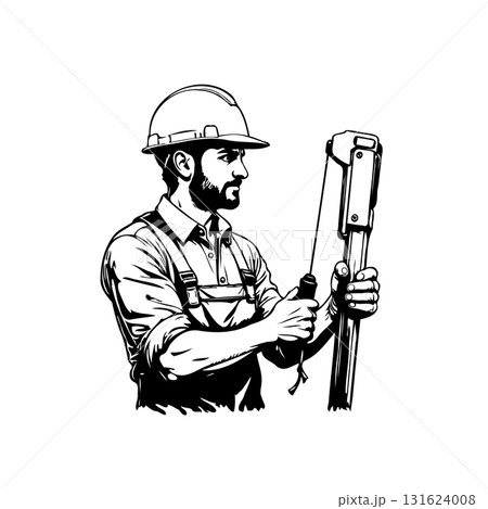 Illustration of a bearded construction worker holding surveying equipment and wearing hardhat 131624008