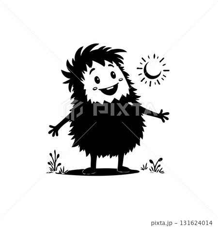 Whimsical Cartoon Monster Welcoming Sunshine with Open Arms in Black and White Whimsical Cartoon Monster Welcoming Sunshine with Open Arms in Black and White 131624014