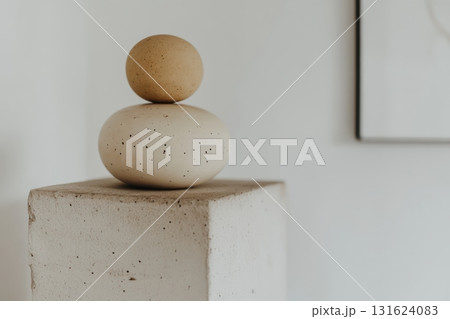 Decorative ceramic sculptures on a wooden pedestal in a modern setting 131624083