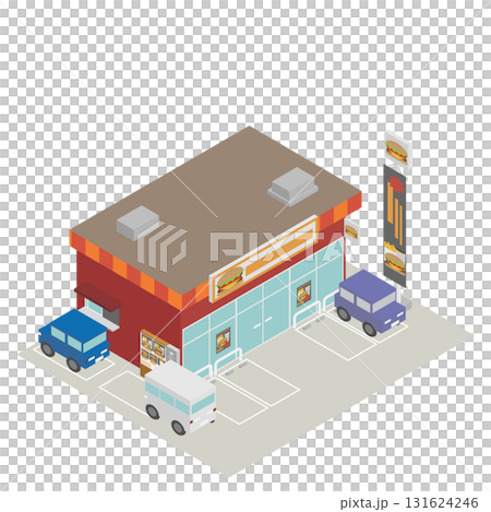 Isometric suburban fast food restaurant with drive-thru 131624246