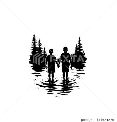 Two young boys walking together through shallow water surrounded by silhouetted trees Two young boys walking together through shallow water surrounded by silhouetted trees 131624276