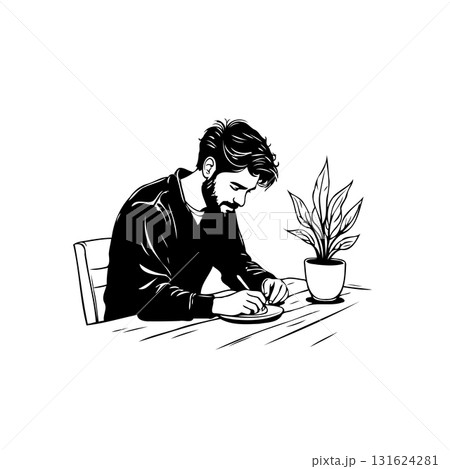 Monochrome illustration of a bearded man writing at a table with a plant 131624281