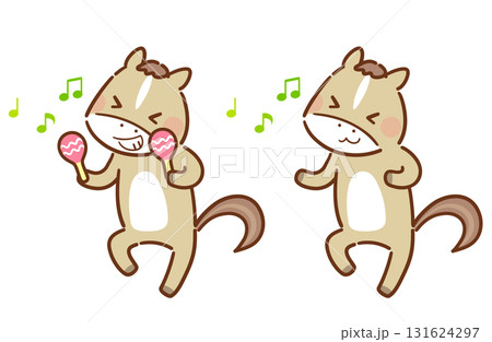 マラカスを持って楽しく踊る馬のかわいいキャラクター（年賀状・干支素材） 131624297