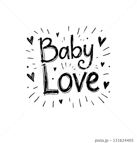 Baby love typography with hand-drawn hearts and rays for newborn celebration 131624405