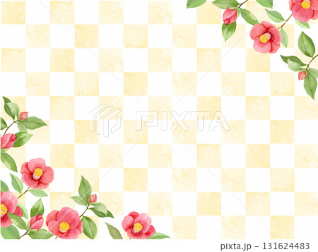 市松模様の背景に椿の花のフレーム　水彩イラスト 131624483