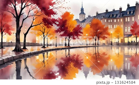 Textured hand-painted landscape of a city street in autumn, featuring lush trees and a peaceful water backdrop 131624584