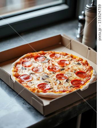 Pepperoni Pizza In Cardboard Box On A Window Sill With Natural Light And Seasoning 131624789