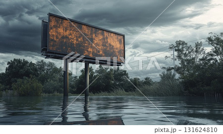 Billboard Sign Illuminated With Fire Reflection in Flooded Landscape Under Dark Dramatic Cloudy Sky 131624810
