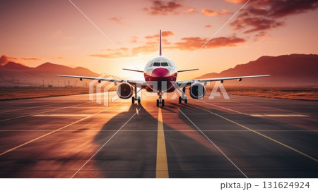 Commercial airplane ascending into clear sunny sky from airport tarmac on bright day Commercial airplane ascending into clear sunny sky from airport tarmac on bright day 131624924