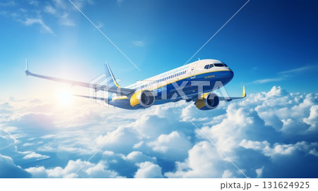 Commercial airplane ascending into clear sunlit sky from airport tarmac on bright, sunny day 131624925