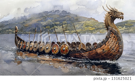 Dragon headed viking drakkar  watercolor painting of warship with shields sailing on calm sea 131625021