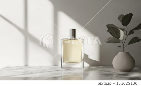 Elegant Perfume Bottle Displayed In Sunlit Room With Minimalist Vase Plant And Marble Surface Elegant Perfume Bottle Displayed In Sunlit Room With Minimalist Vase Plant And Marble Surface 131625130