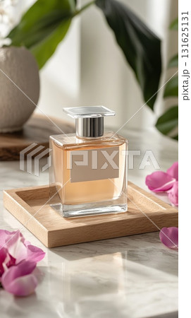 Elegant Perfume Bottle on Cork Tray with Pink Rose Petals and Green Foliage on Marble Surface 131625131