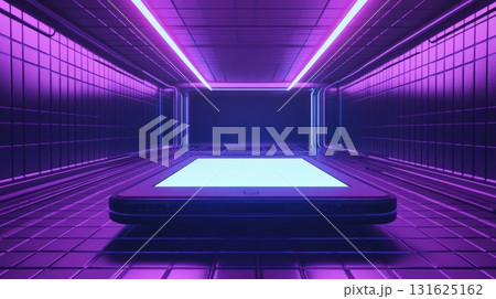 Futuristic Neon Lit Room With Glowing Digital Device In Purple And Blue Hues Futuristic Neon Lit Room With Glowing Digital Device In Purple And Blue Hues 131625162