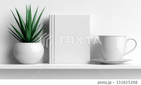 Minimalist White Shelf Display with Potted Succulent Blank Book and Coffee Cup 131625208
