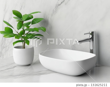 Modern Bathroom Interior Featuring White Sink Chrome Faucet and Potted Green Plant on Marble Background Modern Bathroom Interior Featuring White Sink Chrome Faucet and Potted Green Plant on Marble Background 131625211