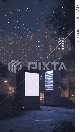 Nighttime Urban Park Scene with Illuminated Display and Vending Machine Against Tall Building Background Nighttime Urban Park Scene with Illuminated Display and Vending Machine Against Tall Building Background 131625237