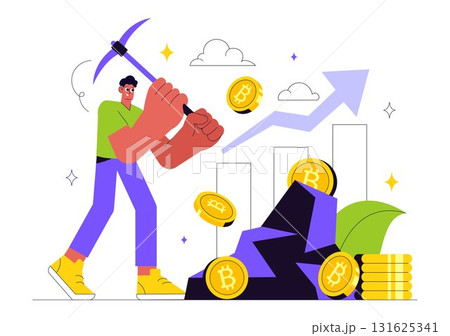 Bitcoin Mining Illustration Featuring a Cryptomining Farm with People Trading and Investing in Digital Web Money, Blockchain, and Fintech Industry 131625341