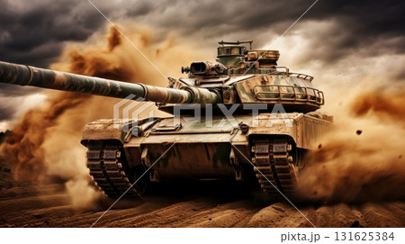 Camouflaged tank speeding in desert with crew member in helmet peering from turret hatch Camouflaged tank speeding in desert with crew member in helmet peering from turret hatch 131625384
