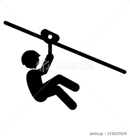 zipline icon with person hanging on cable. zipline adventure high flying sign. forest zipline symbol. flat style. 131625820