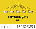 2026年午年　走る馬の連続ポーズと山、初日の出の線画イラスト年賀状 131625854