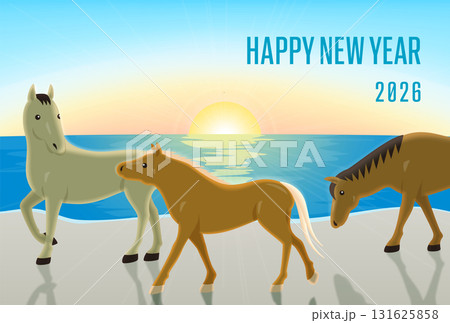 2026年午年　海辺の砂浜を歩く3頭の馬の年賀状横型　初日の出と逆光のデザイン 131625858