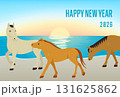 2026年午年　海辺の砂浜を歩く3頭の馬の年賀状　横型のフラットデザイン 131625862