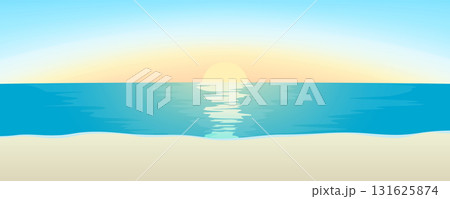 砂浜と青い海に昇る朝日と海に映るサンロードの風景ベクターイラスト 横長のバナー、ヘッダーデザイン 砂浜と青い海に昇る朝日と海に映るサンロードの風景ベクターイラスト 横長のバナー、ヘッダーデザイン 131625874