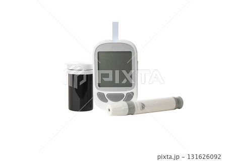 Blood glucose meter and insulin pen on white background, isolated, PNG Blood glucose meter and insulin pen on white background, isolated, PNG 131626092
