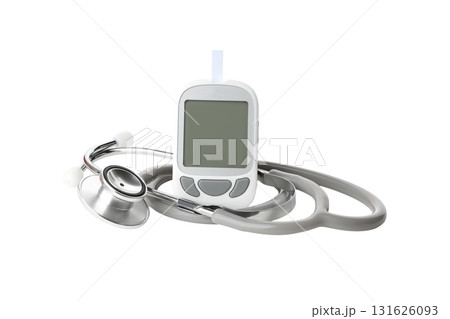 Glucose meter next to a stethoscope on white background, isolated, PNG 131626093