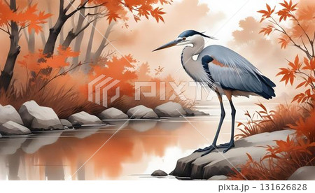 A textured watercolor painting of a heron on a rock by a river, set against a warm autumn backdrop of leaves 131626828
