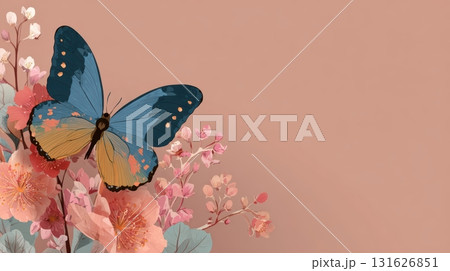 Vibrant Blue Butterfly on Soft Pink Floral Background Design 131626851