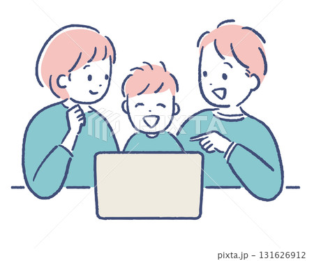 パソコン前で盛り上がる家族A 131626912