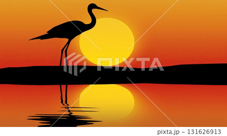 Tranquil chinese landscape with bamboo, lake, and crane in serene natural setting 131626913