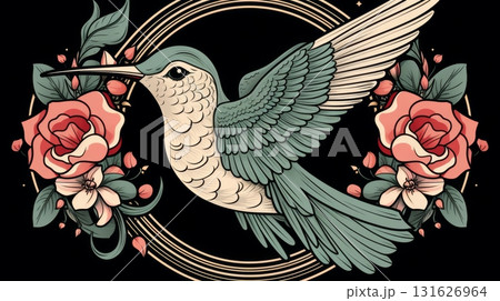 Illustration of a hummingbird fluttering over whimsical and vibrant flowers in a garden 131626964
