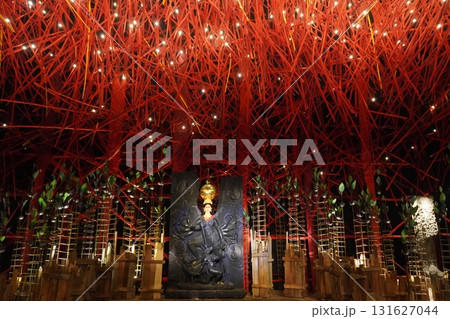 Conceptual Durga Idol in Dark Tone with Red Thread and Light Installation Pandal Conceptual Durga Idol in Dark Tone with Red Thread and Light Installation Pandal 131627044