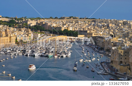 Drone view of Valletta city - little yachts and boats near Valletta in Malta 131627050