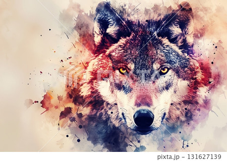 Realistic watercolor wolf head in abstract style on blurred background, creative animal artwork 131627139