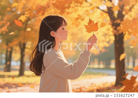 秋の公園 落ち葉を手に持って見つめる女性 AIイラスト 秋の公園 落ち葉を手に持って見つめる女性 AIイラスト 131627247