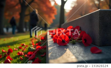 A gathering of people at a memorial with red poppies, reflecting on the sacrifices of soldiers during a moment of remembrance 131628124