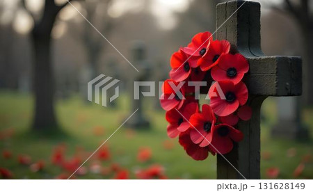 A cross with vibrant red poppies in a cemetery, honoring veterans and evoking a moment of reflection and gratitude 131628149