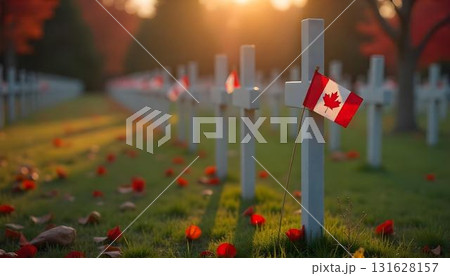 A Canadian flag draped over a cross in a field, commemorating veterans and their service on Remembrance Day A Canadian flag draped over a cross in a field, commemorating veterans and their service on Remembrance Day 131628157