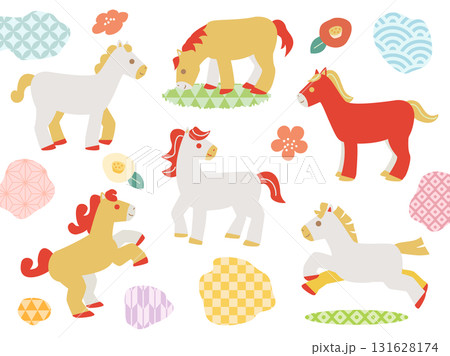 午年の年賀状などに使える馬と花と和柄を組み合わせたイラスト 午年の年賀状などに使える馬と花と和柄を組み合わせたイラスト 131628174