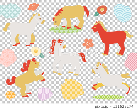 An illustration combining horses, flowers, and Japanese patterns that can be used for New Year's cards for the Year of the Horse 131628174